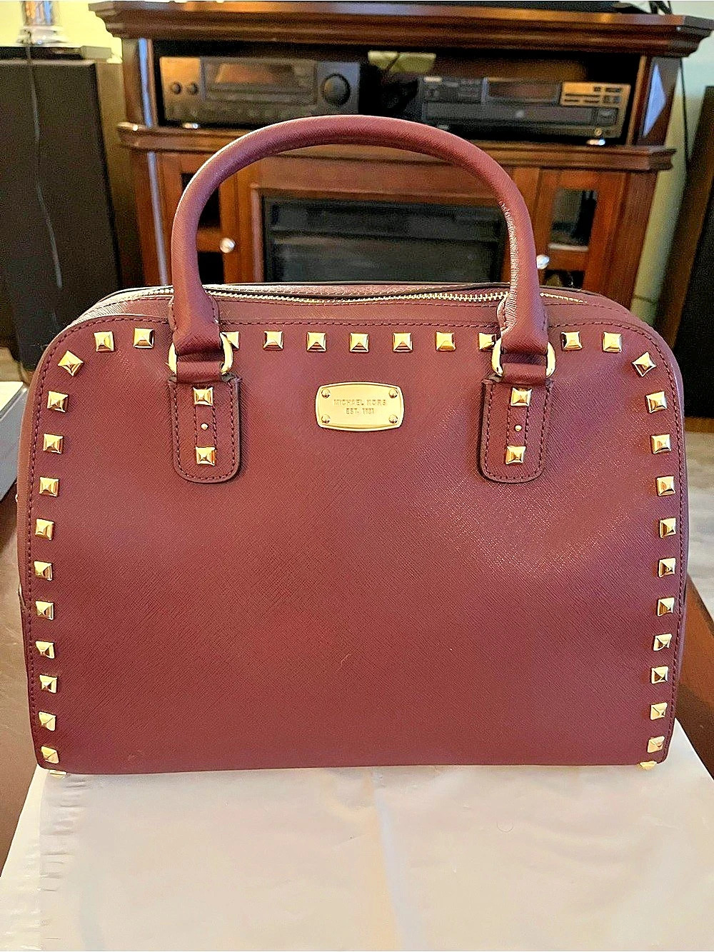 Michael Kors Selma Medium Studded Saffiano Leather Satchel Red